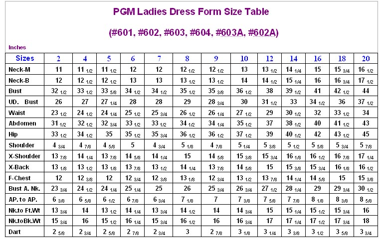 PGM Ladies Dress Form Size Measurement