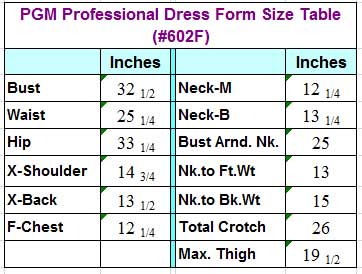 PGM Female Professional Dress Form Size Table