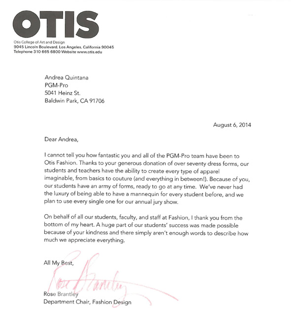 PGM Dress Form OTIS Thanks Letter