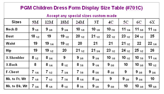 PGM Children Dress Form Display Measurement Chart