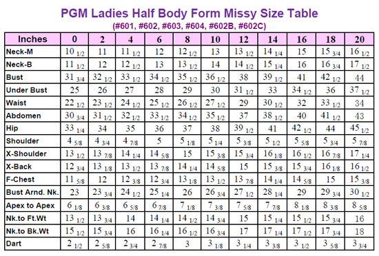 PGM Missy Half Body Dress Form Size Table
