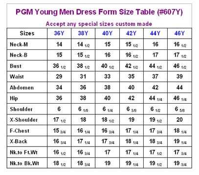 PGM Youngmen Dress Form Measurement Chart