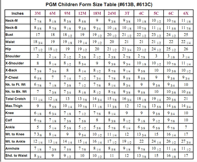PGM Children Form Size Table, 3M - 3T, 4C, 5C, 6C, 6X