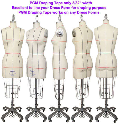Line up dress form with PGM professional draping tape, 3/32" width