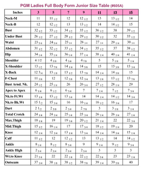 Pgm Dress Form Size Chart