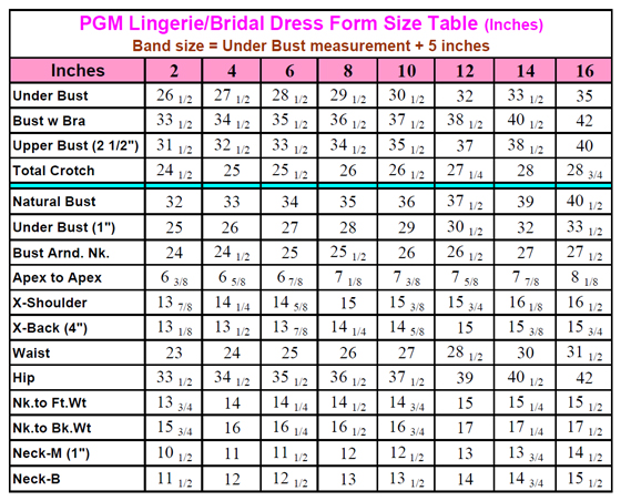 PGM Lingerie Dress Form, Bridal Dress Form Size Table, Measurement Chart