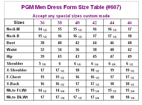 PGM Men Dress Form Size Table