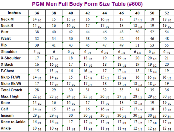 PGM Male Full Body Dress Form Size Table