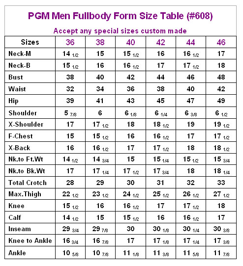 PGM Men Fullbody Dress Form Size Table