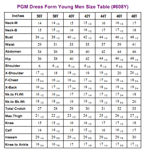 PGM Young Men Full Body Dress Form Size Table