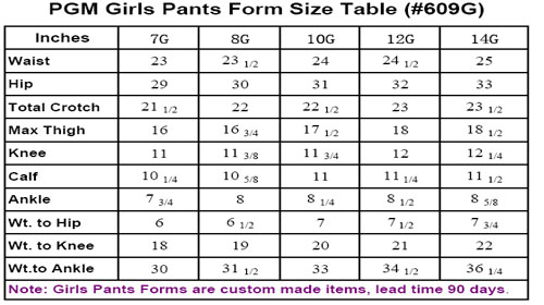 Girls Dress Form, Girls Pants Form, PGM Girls Forms, PGM Girls Pants Form, Girls Pants Form Size Table