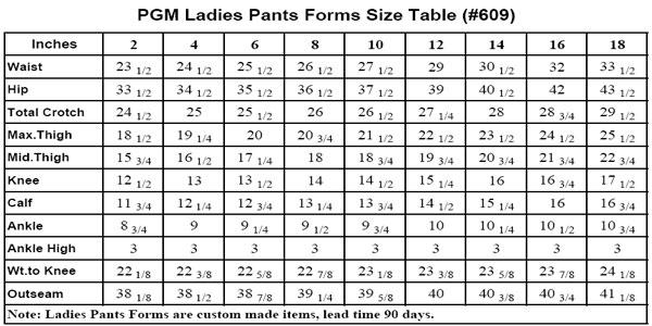 Pants Form, Legs Forms, Ladies Pants Form, Pants Form Size Table, PGM Missy Pants Form